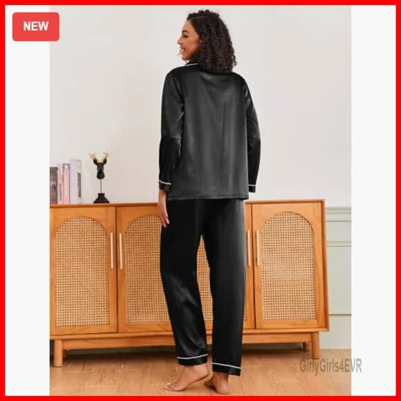 Long Sleeve Satin Pajama Set Classic Button Down Lounge Wear
